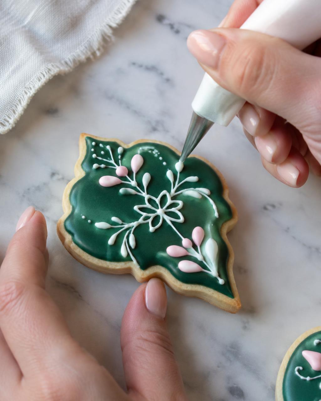Piping white royal icing details onto a green decorated sugar cookie