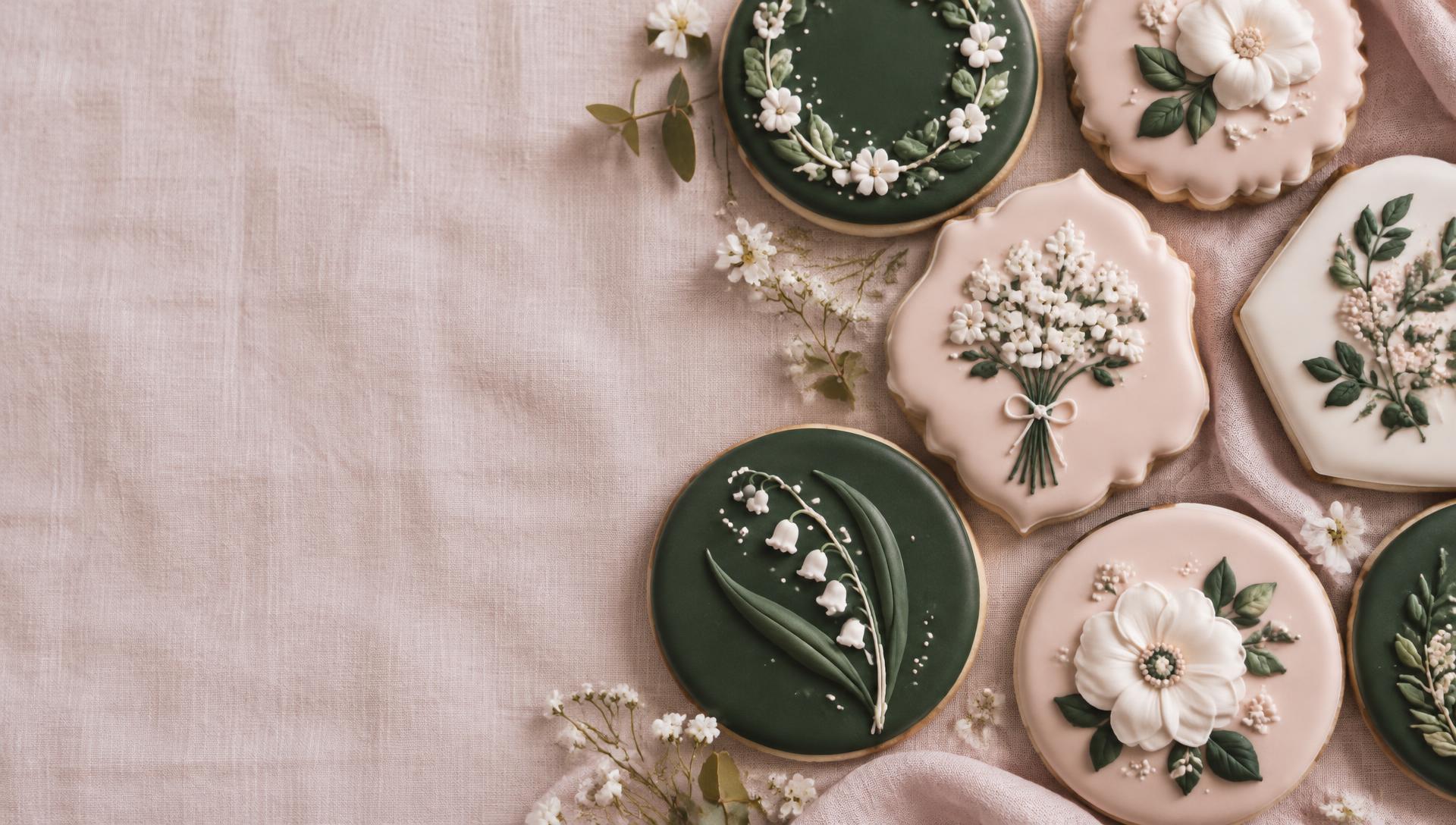 Custom decorated sugar cookies in green and blush pink
